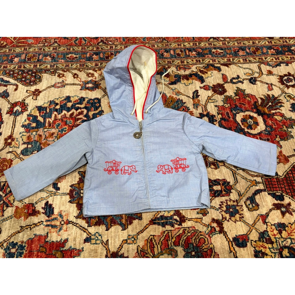 Vintage Weather Tamer Baby Jacket Hood Circus Embroidery Elephant Train USA 18M